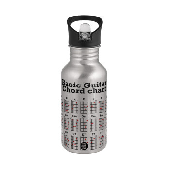 Guitar tabs, Water bottle Silver with straw, stainless steel 500ml