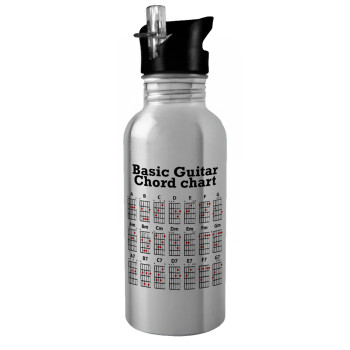 Guitar tabs, Water bottle Silver with straw, stainless steel 600ml