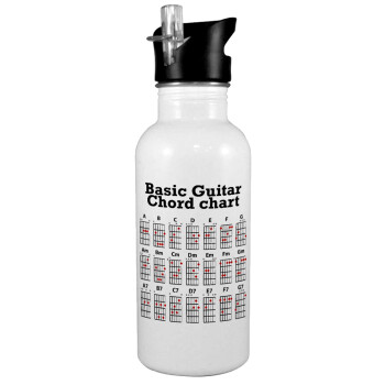 Guitar tabs, White water bottle with straw, stainless steel 600ml