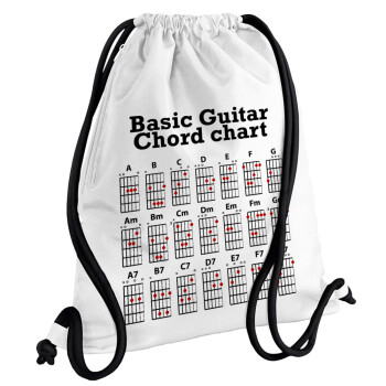 Guitar tabs, Τσάντα πλάτης πουγκί GYMBAG λευκή, με τσέπη (40x48cm) & χονδρά κορδόνια