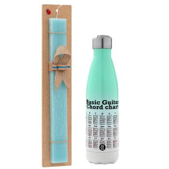 Guitar tabs, Easter Set, Metallic green/white thermos (Stainless steel), double-walled, 500ml & scented flat Easter candle (30cm) (TURQUOISE)