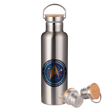Starfleet command, Stainless steel Silver with wooden lid (bamboo), double wall, 750ml
