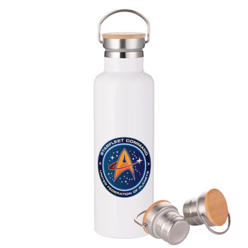 Starfleet command, Μεταλλικό παγούρι θερμός (Stainless steel) Λευκό με ξύλινο καπακι (bamboo), διπλού τοιχώματος, 750ml