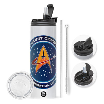 Starfleet command, Travel Tumbler 2 Lids, with metal straw & cleaning brush (Stainless steel 304 Food grade, BPA free, 600ml)