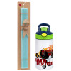 Easter Set, Children's thermal stainless steel bottle with safety straw, green/blue (350ml) & aromatic flat Easter candle (30cm) (TURQUOISE)