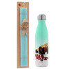 Easter Set, Metallic green/white thermos (Stainless steel), double-walled, 500ml & scented flat Easter candle (30cm) (TURQUOISE)