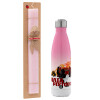 Easter Set, Metallic pink/white (Stainless steel) thermos, double-walled, 500ml & aromatic flat Easter candle (30cm) (PINK)