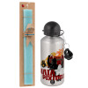 Easter Set, metallic silver aluminum water bottle (500ml) & scented flat Easter candle (30cm) (TURQUOISE)