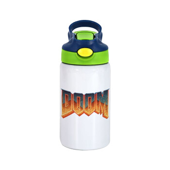 DOOM, Children's hot water bottle, stainless steel, with safety straw, green, blue (350ml)