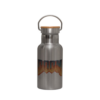 DOOM, Stainless steel metallic thermos flask, silver with a bamboo lid, double-walled, 350ml.