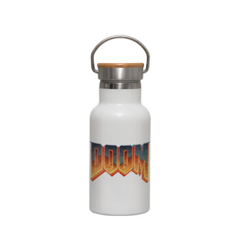 DOOM, Metallic thermos (Stainless steel) White with wooden lid (bamboo), double-walled, 350ml