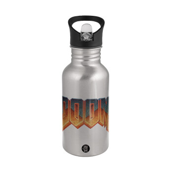 DOOM, Water bottle Silver with straw, stainless steel 500ml
