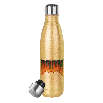 DOOM, Μεταλλικό παγούρι θερμός Glitter χρυσό (Stainless steel), διπλού τοιχώματος, 500ml