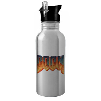 DOOM, Water bottle Silver with straw, stainless steel 600ml