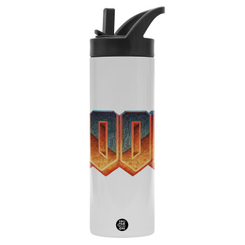 DOOM, Metallic thermos bottle with straw & handle, stainless steel (Stainless steel 304), double-walled, 600ml.