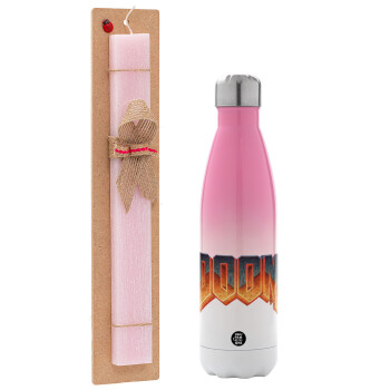 DOOM, Easter Set, Metallic pink/white (Stainless steel) thermos, double-walled, 500ml & aromatic flat Easter candle (30cm) (PINK)