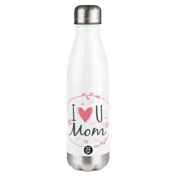 I Love you Mom pink, Μεταλλικό παγούρι θερμός Λευκό (Stainless steel), διπλού τοιχώματος, 500ml