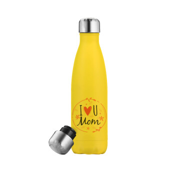 I Love you Mom pink, Yellow Stainless Steel Metallic Thermos, double-walled, 500ml