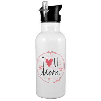 I Love you Mom pink, White water bottle with straw, stainless steel 600ml