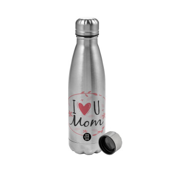 I Love you Mom pink, Metallic water bottle, stainless steel, 750ml