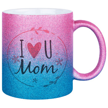 I Love you Mom pink, Κούπα Χρυσή/Μπλε Glitter, κεραμική, 330ml