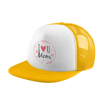 I Love you Mom pink, Adult Soft Trucker Hat with Yellow/White Mesh (POLYESTER, ADULT, UNISEX, ONE SIZE)