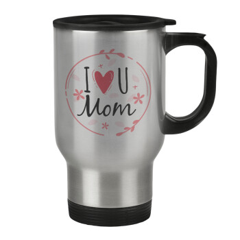 I Love you Mom pink, Stainless steel travel mug with lid, double wall 450ml