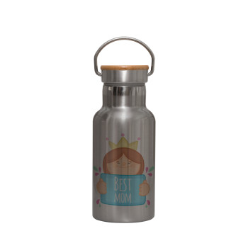 Best mom Princess, Stainless steel metallic thermos flask, silver with a bamboo lid, double-walled, 350ml.