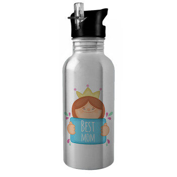 Best mom Princess, Water bottle Silver with straw, stainless steel 600ml