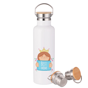 Best mom Princess, Stainless steel White with wooden lid (bamboo), double wall, 750ml