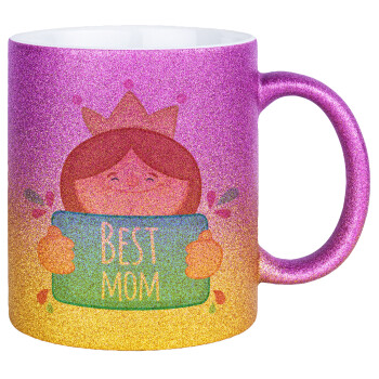 Best mom Princess, Κούπα Χρυσή/Ροζ Glitter, κεραμική, 330ml