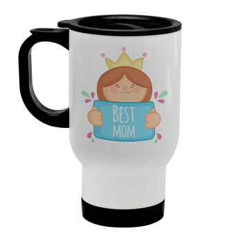 Best mom Princess, Stainless steel travel mug with lid, double wall white 450ml