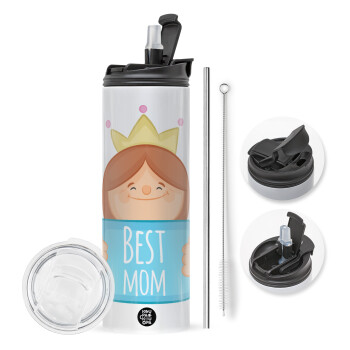 Best mom Princess, Travel Tumbler 2 Lids, with metal straw & cleaning brush (Stainless steel 304 Food grade, BPA free, 600ml)