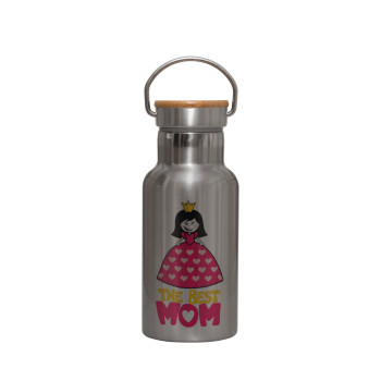 The Best Mom Queen, Stainless steel metallic thermos flask, silver with a bamboo lid, double-walled, 350ml.