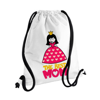 The Best Mom Queen, Backpack pouch GYMBAG white, with pocket (40x48cm) & thick cords