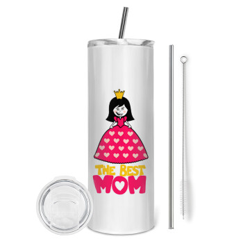 The Best Mom Queen, Eco friendly ποτήρι θερμό (tumbler) από ανοξείδωτο ατσάλι 600ml, με μεταλλικό καλαμάκι & βούρτσα καθαρισμού