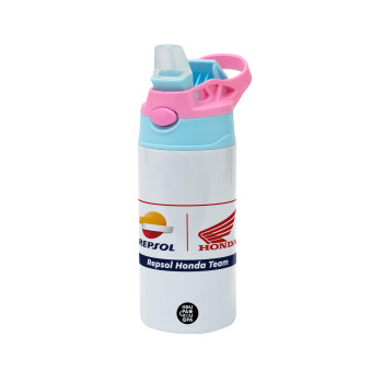 Honda Repsol Team, Children's hot water bottle, stainless steel, with safety straw, Pink/BlueCiel (360ml) BPA FREE