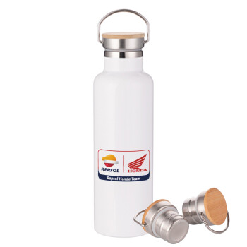 Honda Repsol Team, Μεταλλικό παγούρι θερμός (Stainless steel) Λευκό με ξύλινο καπακι (bamboo), διπλού τοιχώματος, 750ml