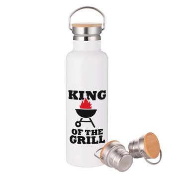 KING of the Grill, Μεταλλικό παγούρι θερμός (Stainless steel) Λευκό με ξύλινο καπακι (bamboo), διπλού τοιχώματος, 750ml