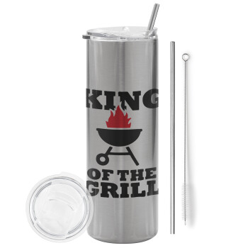 KING of the Grill, Tumbler ποτήρι θερμό Ασημένιο από ανοξείδωτο ατσάλι 600ml, με μεταλλικό καλαμάκι & βούρτσα καθαρισμού