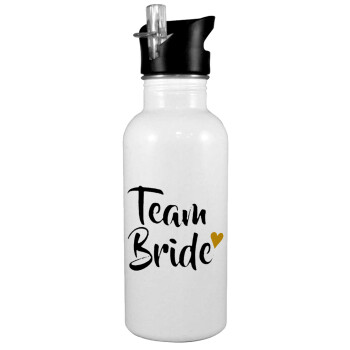 Team Bride, White water bottle with straw, stainless steel 600ml