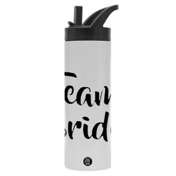 Team Bride, Metallic thermos bottle with straw & handle, stainless steel (Stainless steel 304), double-walled, 600ml.