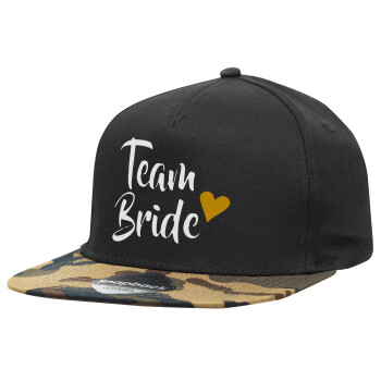 Team Bride, Adult Flat Snapback Hat Black/Camouflage, (100% COTTON TWILL, ADULT, UNISEX, ONE SIZE)