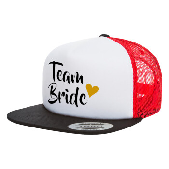 Team Bride, Adult Foam Flat Snapback with Mesh Black-White-Red (POLYESTER, ADULT, UNISEX, ONE SIZE)