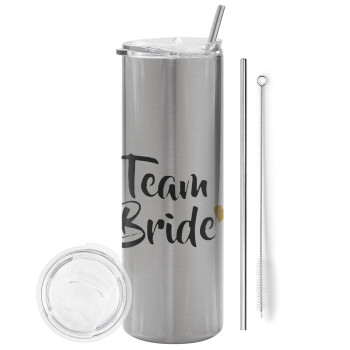 Team Bride, Eco friendly ποτήρι θερμό Ασημένιο (tumbler) από ανοξείδωτο ατσάλι 600ml, με μεταλλικό καλαμάκι & βούρτσα καθαρισμού