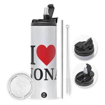 I Love ΝΟΝΑ, Travel Tumbler θερμό με διπλό καπάκι, μεταλλικό καλαμάκι και βούρτσα καθαρισμού (Ανωξείδωτο 304 Food grade, BPA free, 600ml)