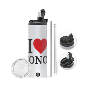 I Love ΝΟΝΟΣ, Travel Tumbler θερμό με διπλό καπάκι, μεταλλικό καλαμάκι και βούρτσα καθαρισμού (Ανωξείδωτο 304 Food grade, BPA free, 600ml)