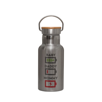 BABY, MOMMY, DADDY Low battery, Stainless steel metallic thermos flask, silver with a bamboo lid, double-walled, 350ml.