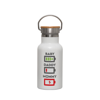 BABY, MOMMY, DADDY Low battery, Μεταλλικό παγούρι θερμός (Stainless steel) Λευκό με ξύλινο καπακι (bamboo), διπλού τοιχώματος, 350ml