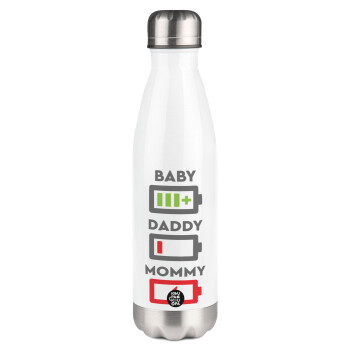 BABY, MOMMY, DADDY Low battery, Metal mug thermos White (Stainless steel), double wall, 500ml